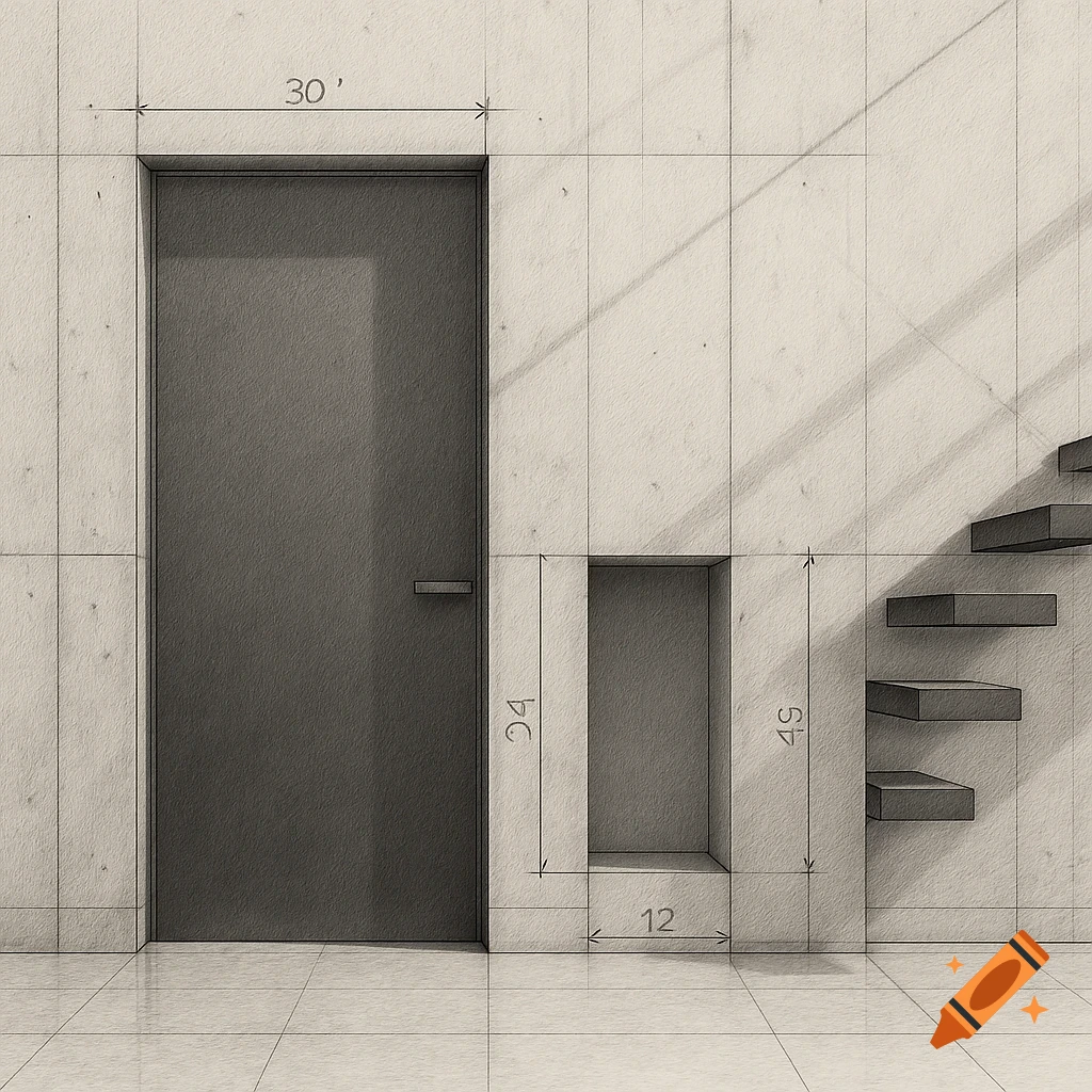 An architectural sketch showing a doorway, a rectangular niche with dimensions, and floating stairs on a concrete wall.