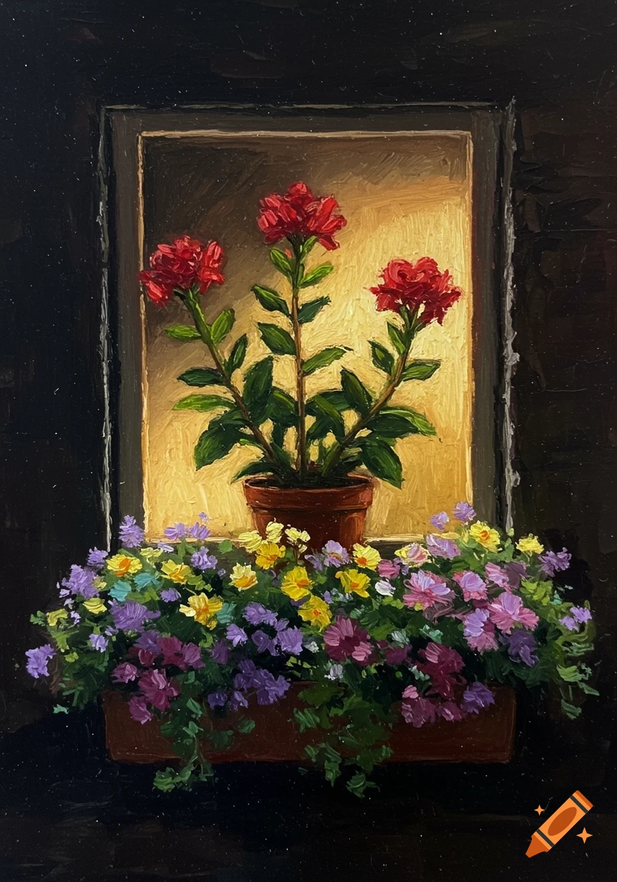 Oil pastel painting of a vibrant flower box with red gardenias and colorful blossoms, glowing in a window at night.