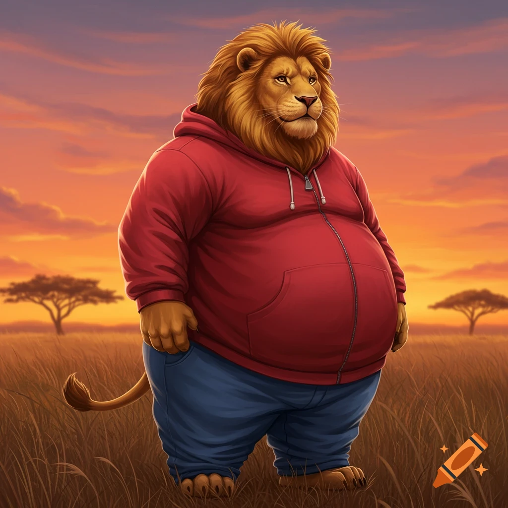 An obese, anthropomorphic lion wearing a red hoodie and blue pants stands in a grassy savanna at sunset, illustrated.