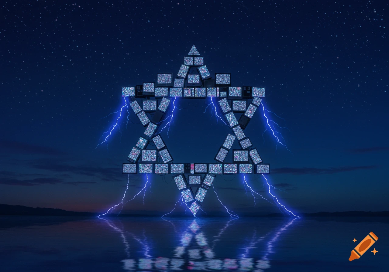 A Star of David made of static-filled TV screens with blue lightning over a reflective lake at night under a starry sky.