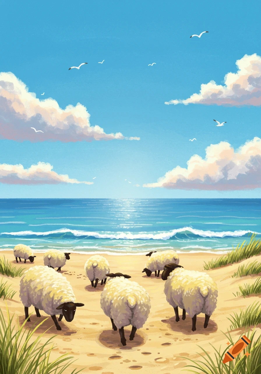 Stylized illustration of sheep on a sunny sandy beach, with a blue ocean, bright sky, white clouds, and seagulls.