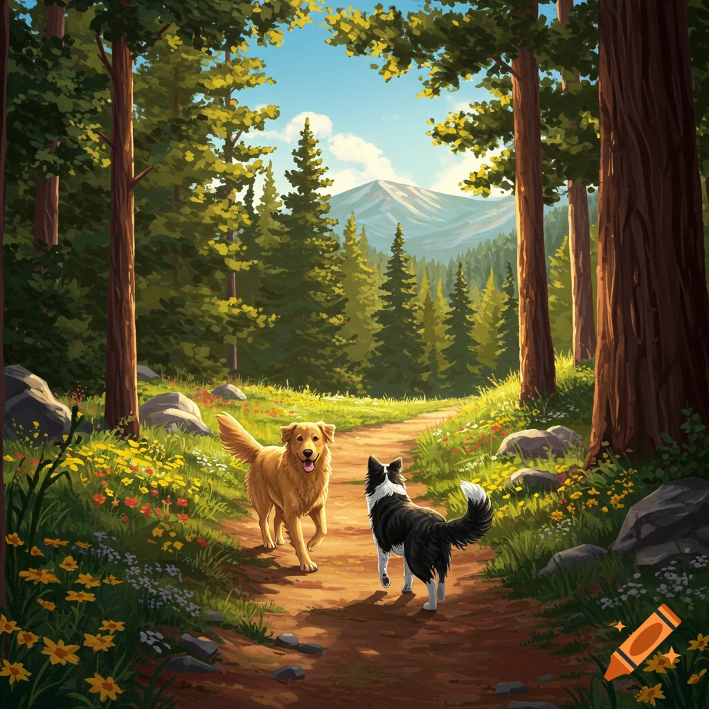 A golden retriever and a border collie walk on a sunny dirt path through a vibrant forest with mountains, digital art.
