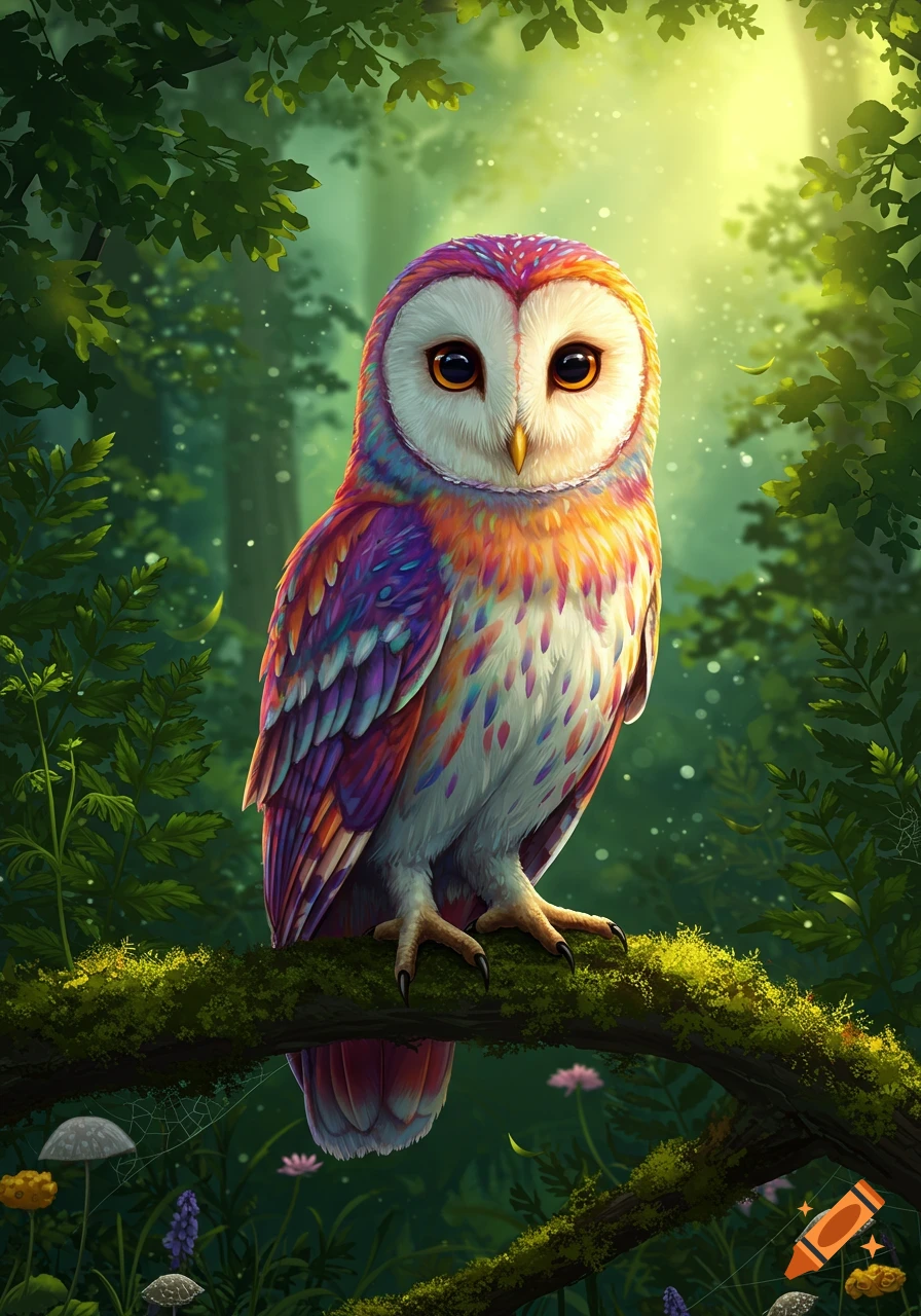 Vibrant, colorful owl with rainbow-hued feathers perched on a mossy branch in a lush, sun-dappled forest, digital art.