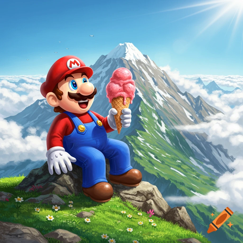 Mario sits on a mountain peak eating pink ice cream, with snowy mountains and clouds under a bright sun.