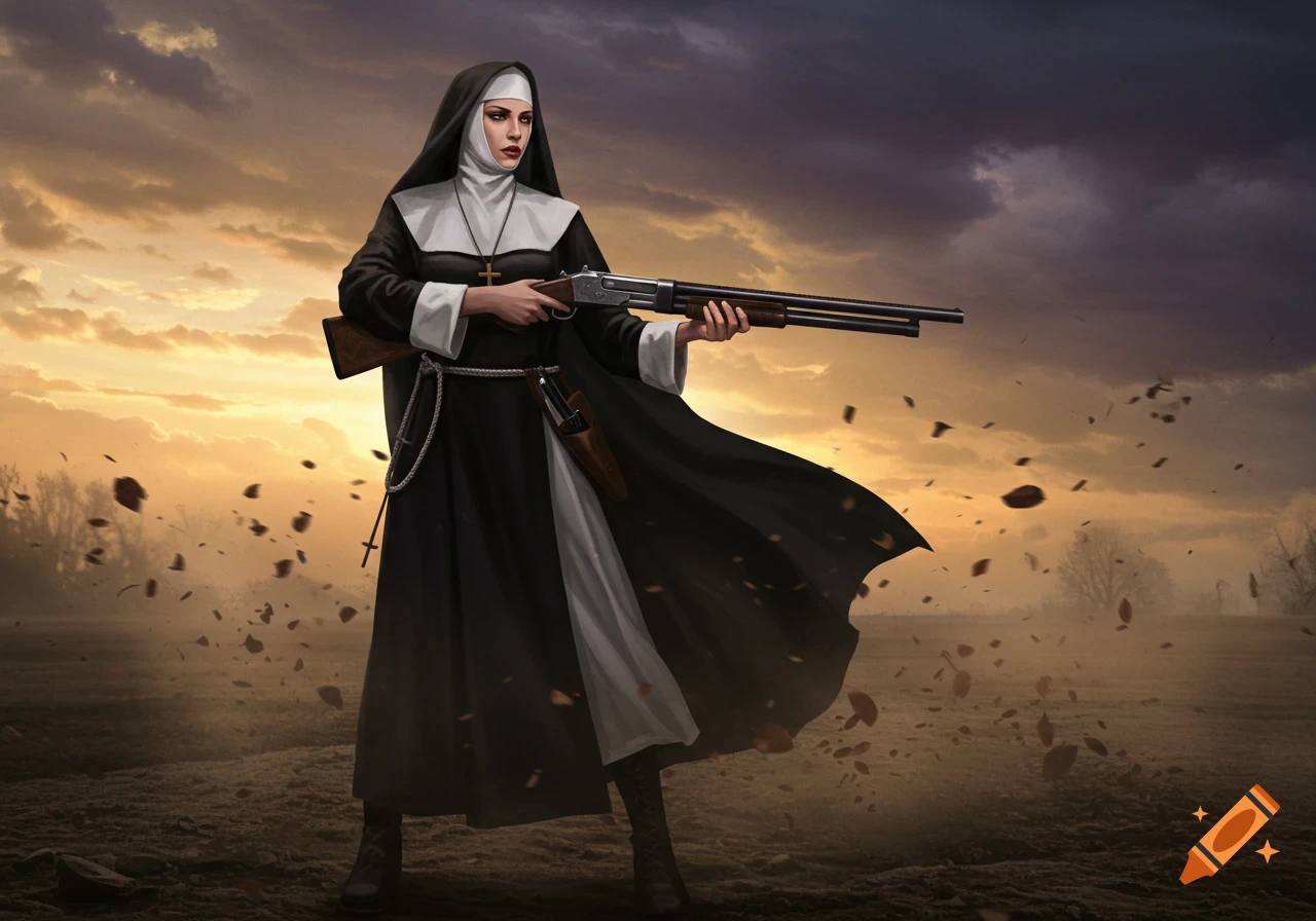 A determined nun in a black habit holds a shotgun in a dusty field at sunset, digital painting.