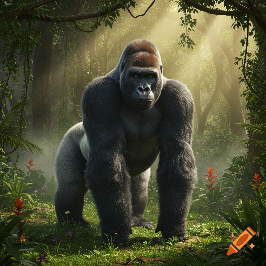 Photorealistic gorilla stands on all fours in a lush, sunlit jungle with green foliage and flowers.