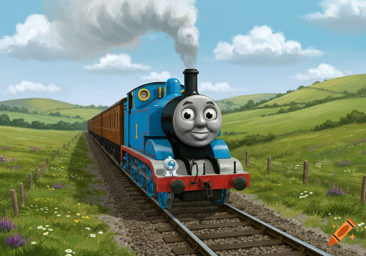 Thomas the Tank Engine smiling as he pulls passenger cars through a green, hilly countryside under a blue sky.