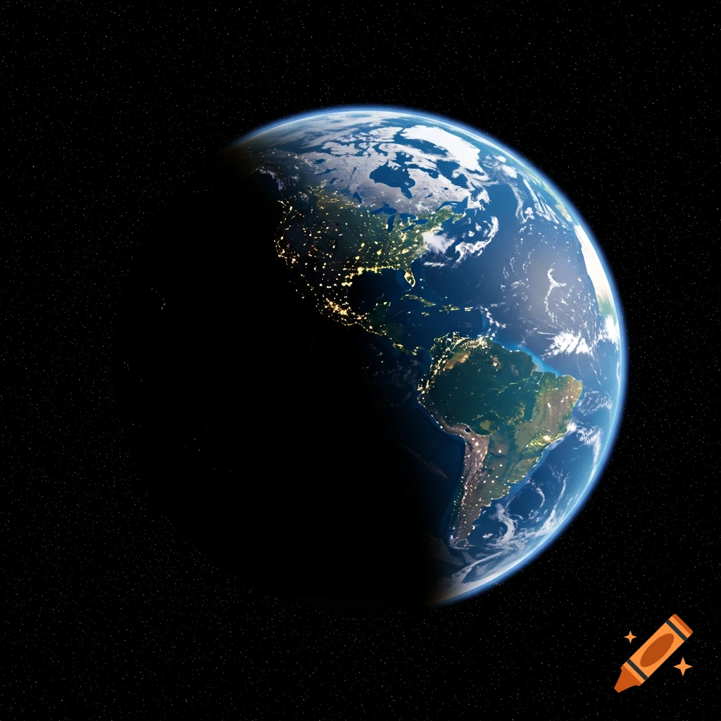 A photorealistic view of Earth from space, showing North and South America with city lights on the night side.