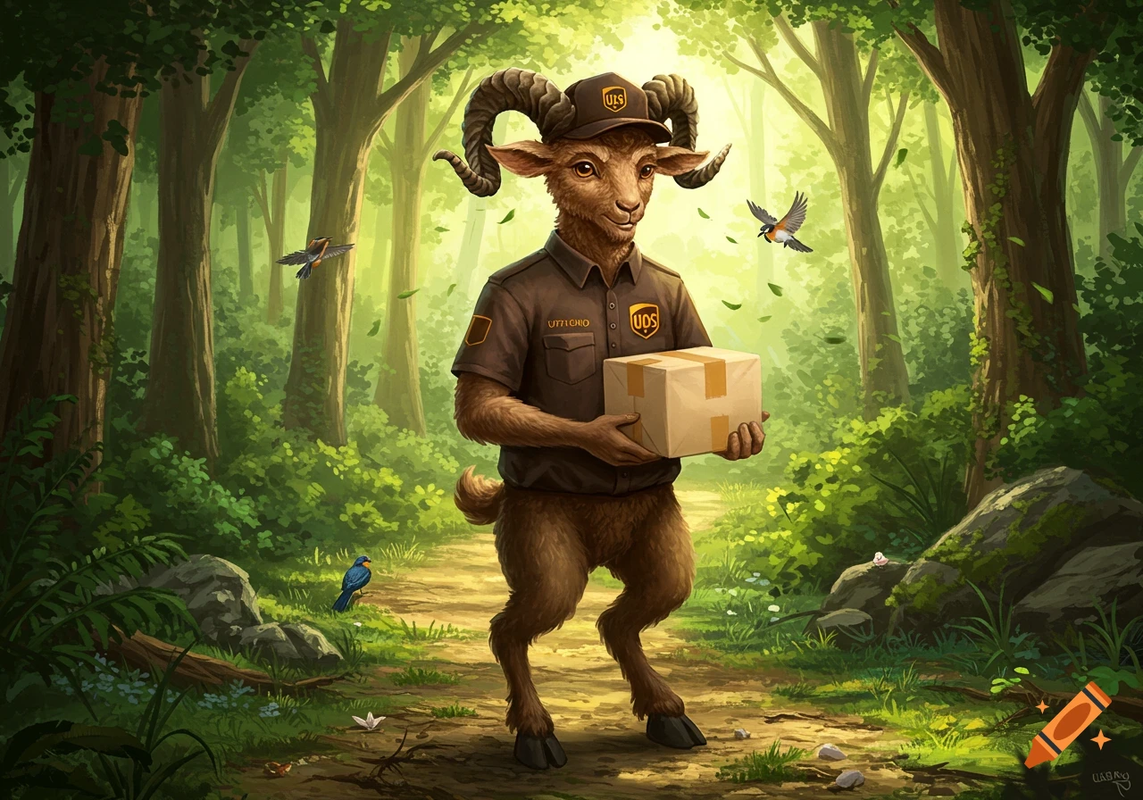 An illustrated satyr in a UPS uniform holds a package while standing on a forest path with birds flying around.