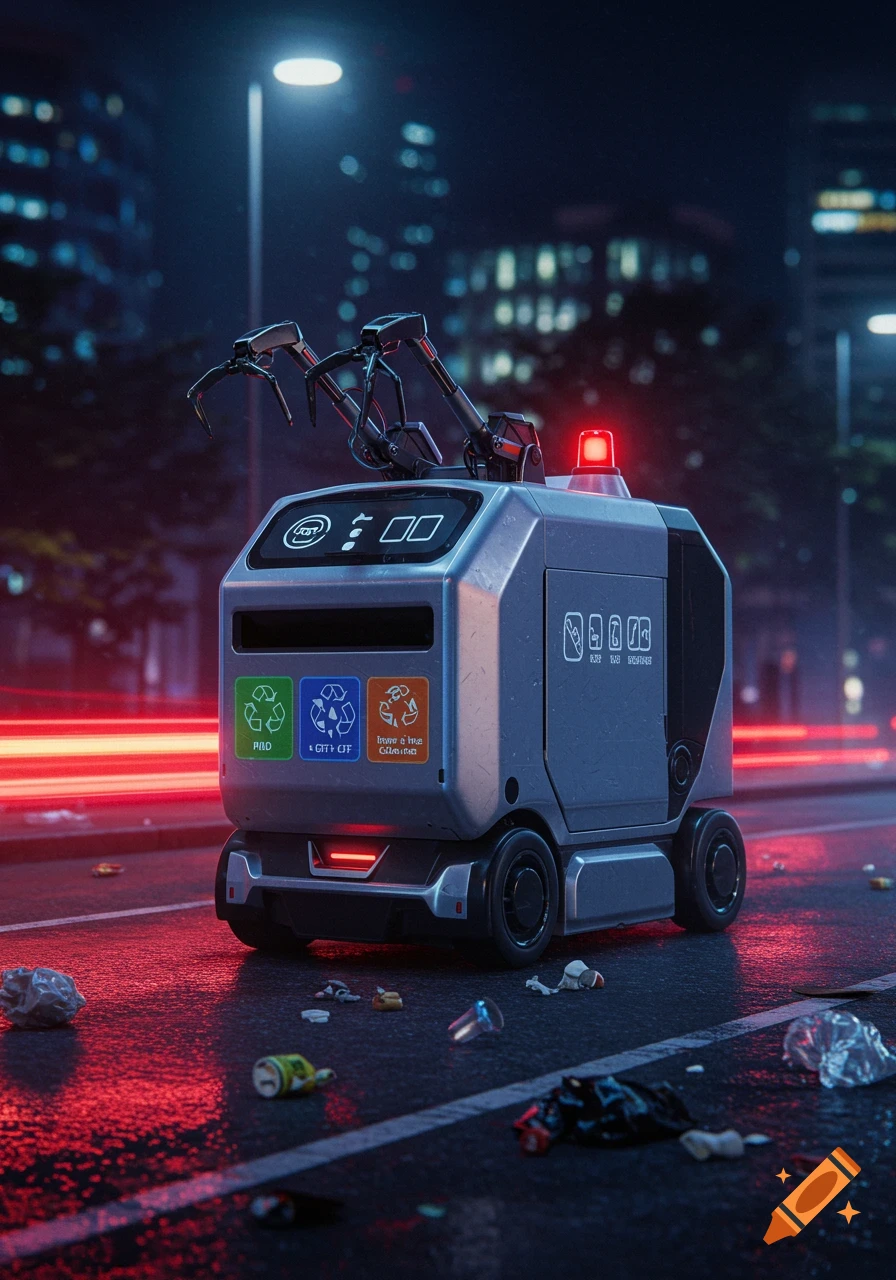Futuristic self-driving trash collecting robot with mechanical arms and recycling bins, on a wet city street at night with red light trails.