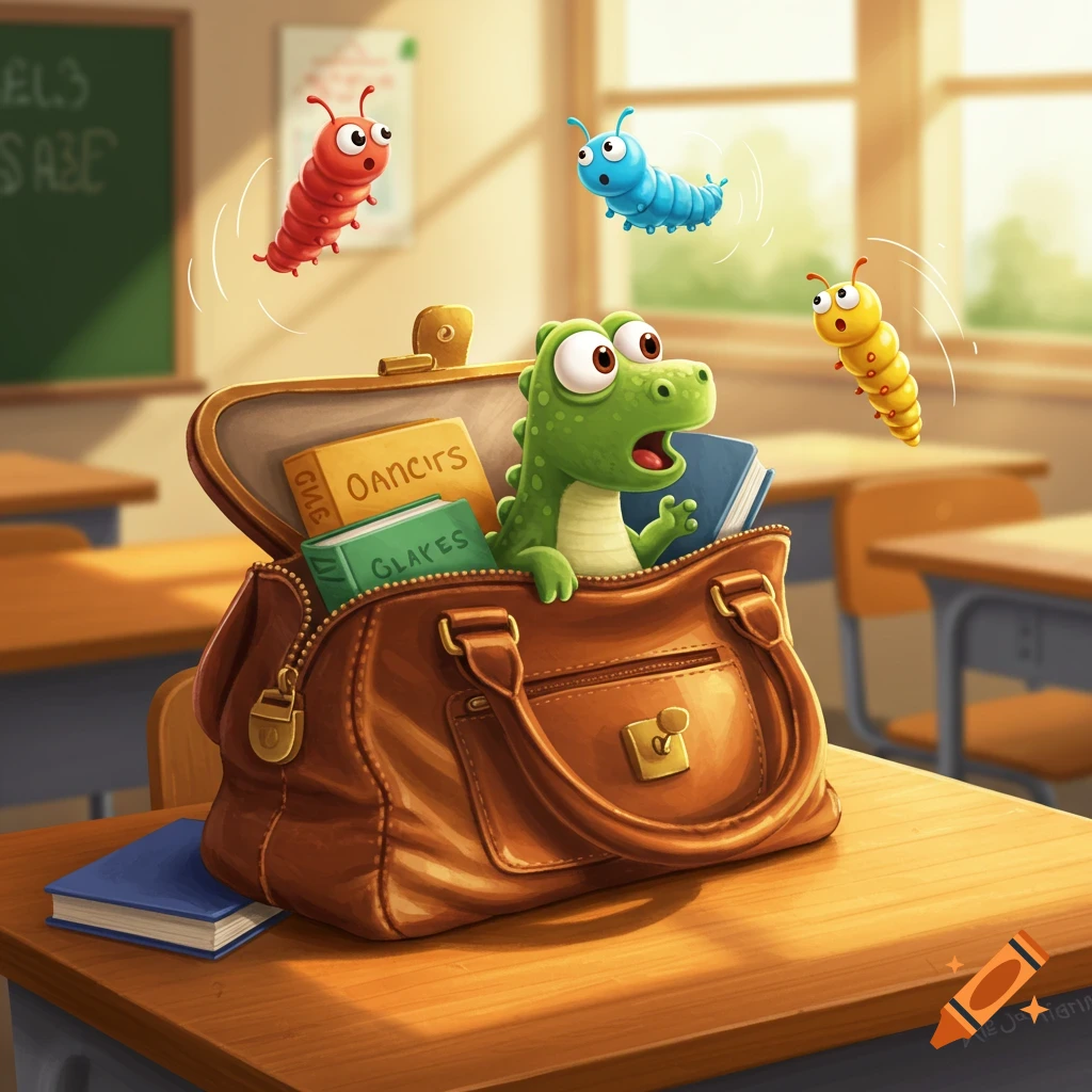 A cartoon green dinosaur pops out of a brown bag, surprised by three jumping caterpillars in a brightly lit classroom.