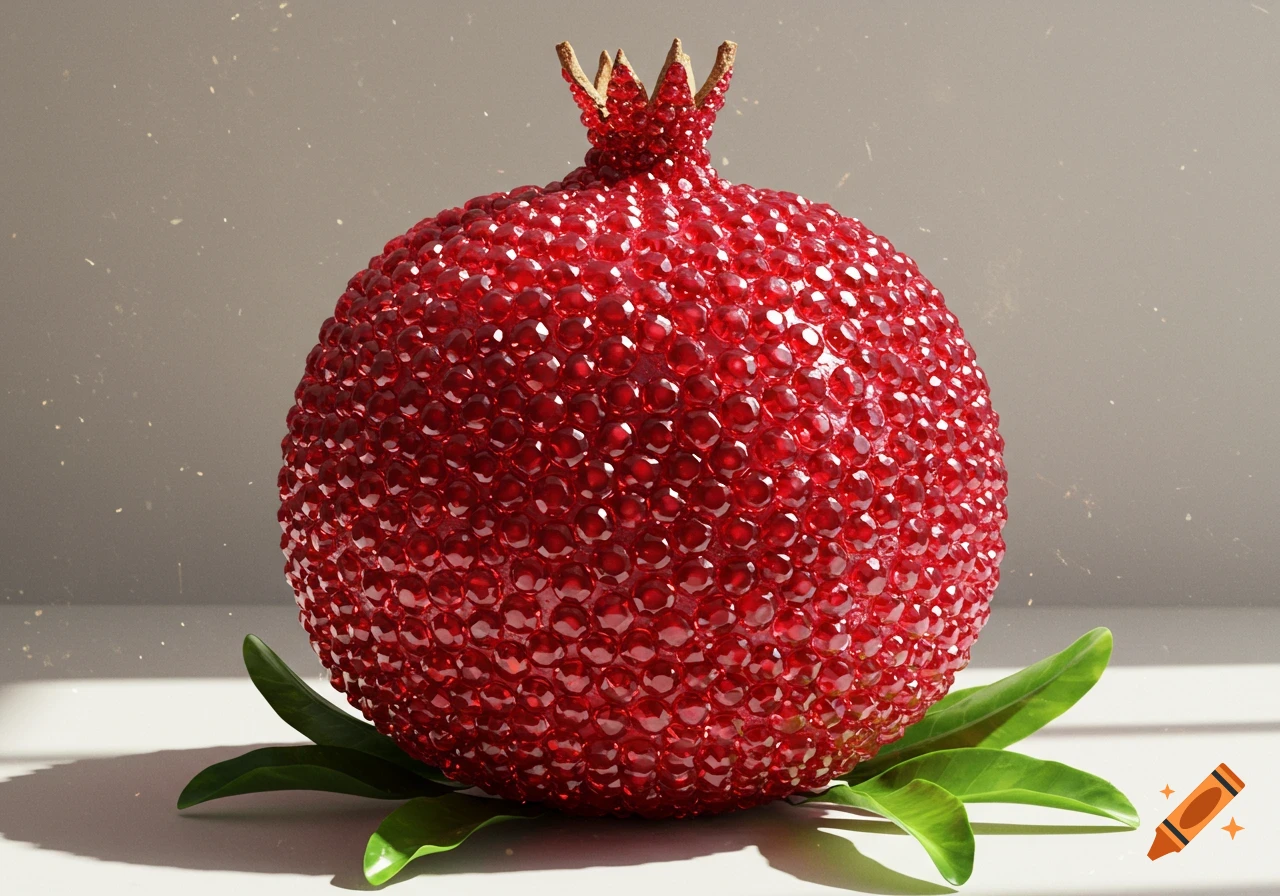 A stylized, red, jewel-encrusted pomegranate with green leaves rests on a light surface.