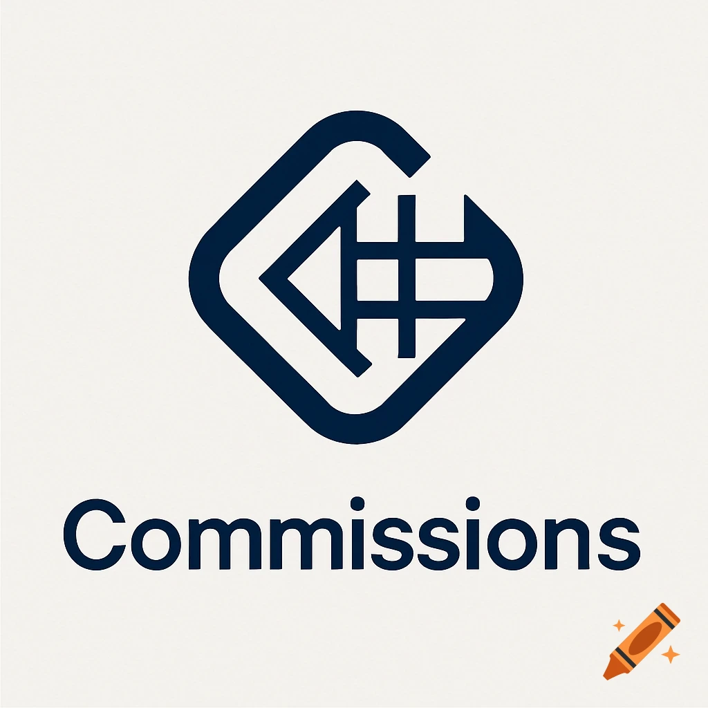 A modern blue and white logo featuring a stylized graphic and the word "Commissions" below it.
