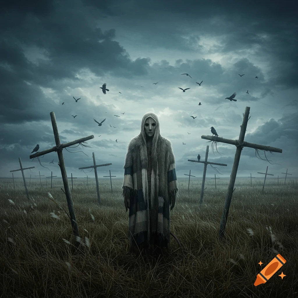 An eerie robed figure with a mask-like face stands in a desolate field amidst numerous wooden crosses under a dark, stormy sky, with crows flying overhead.