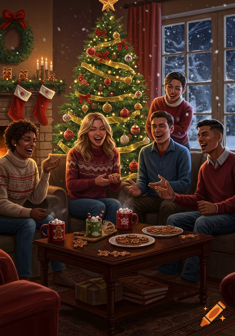 Diverse friends and family laugh, celebrating Christmas in a cozy living room with a decorated tree, fireplace, and snacks. Snow falls outside.