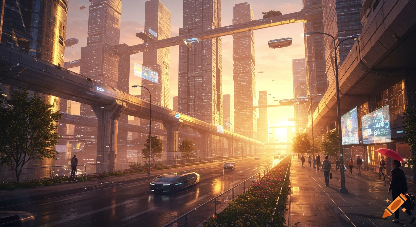 A photorealistic futuristic cityscape at sunrise, with towering skyscrapers, elevated trains, flying vehicles, and people walking on wet streets.