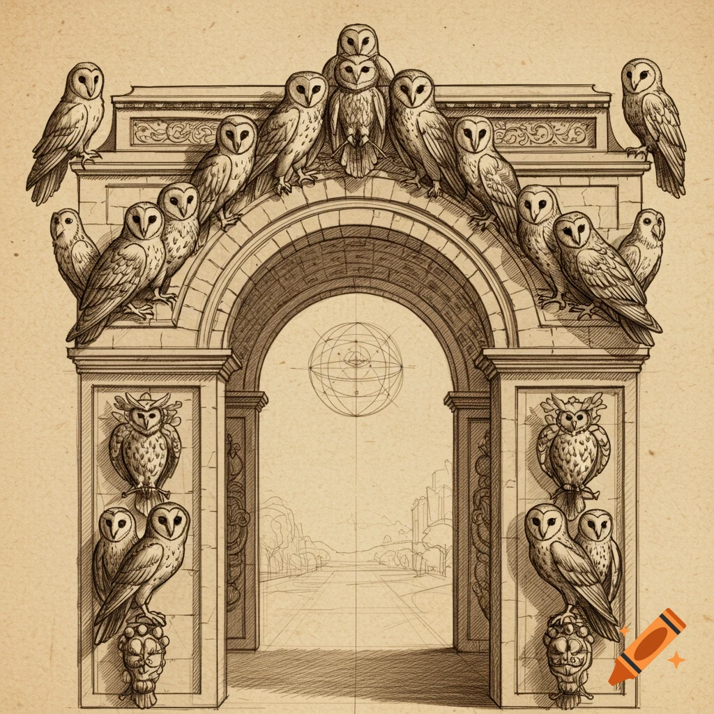Sepia-toned sketch of an ornate archway covered in owls, with a path leading into the distance.