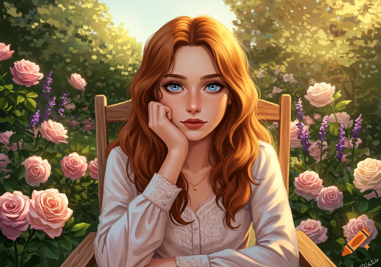 Digital art portrait of a young woman with red hair and blue eyes, freckles, wearing a white blouse, sitting in a rose garden.