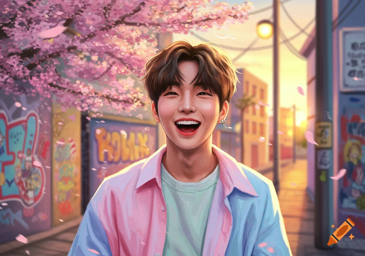 A young anime-style man with brown hair smiles broadly, standing on an urban street with pink cherry blossoms and graffiti.