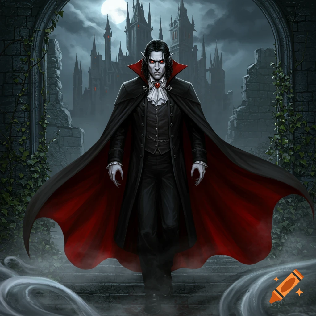 A pale vampire in a black coat and red-lined cape, with raven hair and red eyes, stands before a dark gothic castle.