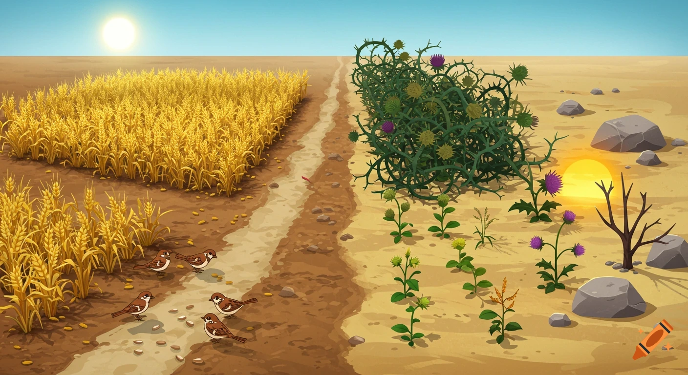 Animated landscape showing a golden wheat field with sparrows next to a dry, rocky desert with thistles and a setting sun.