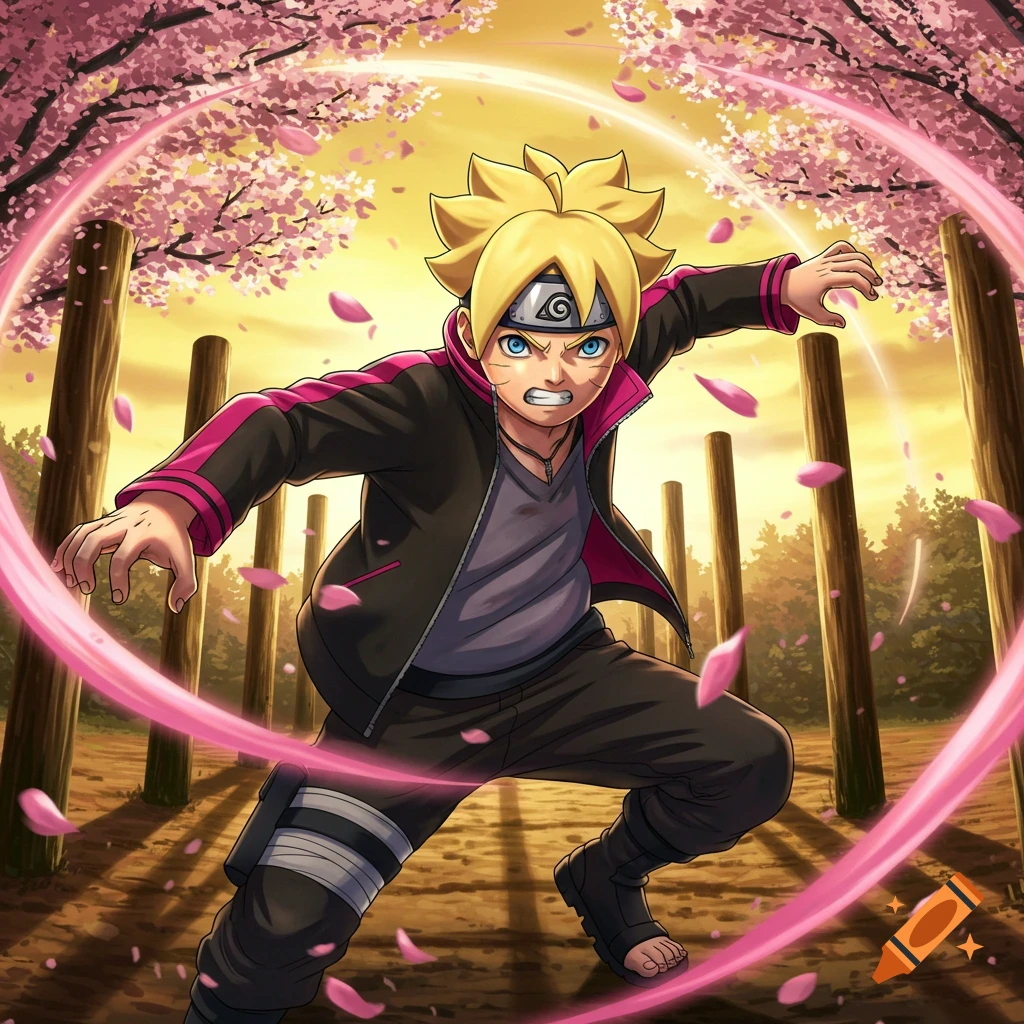 An angry Boruto Uzumaki in an action pose, with pink sakura petals swirling around him against a backdrop of cherry blossom trees and a sunset sky.