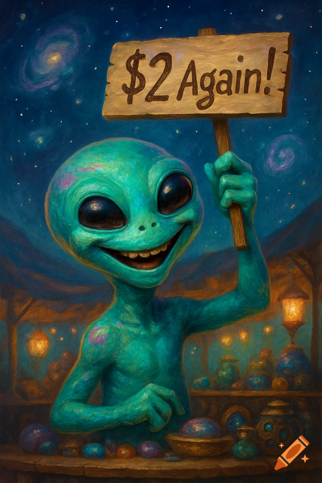 A grinning teal alien holds a '$2 Again!' sign in a fantastical market under a starry galaxy sky, in a painterly style.