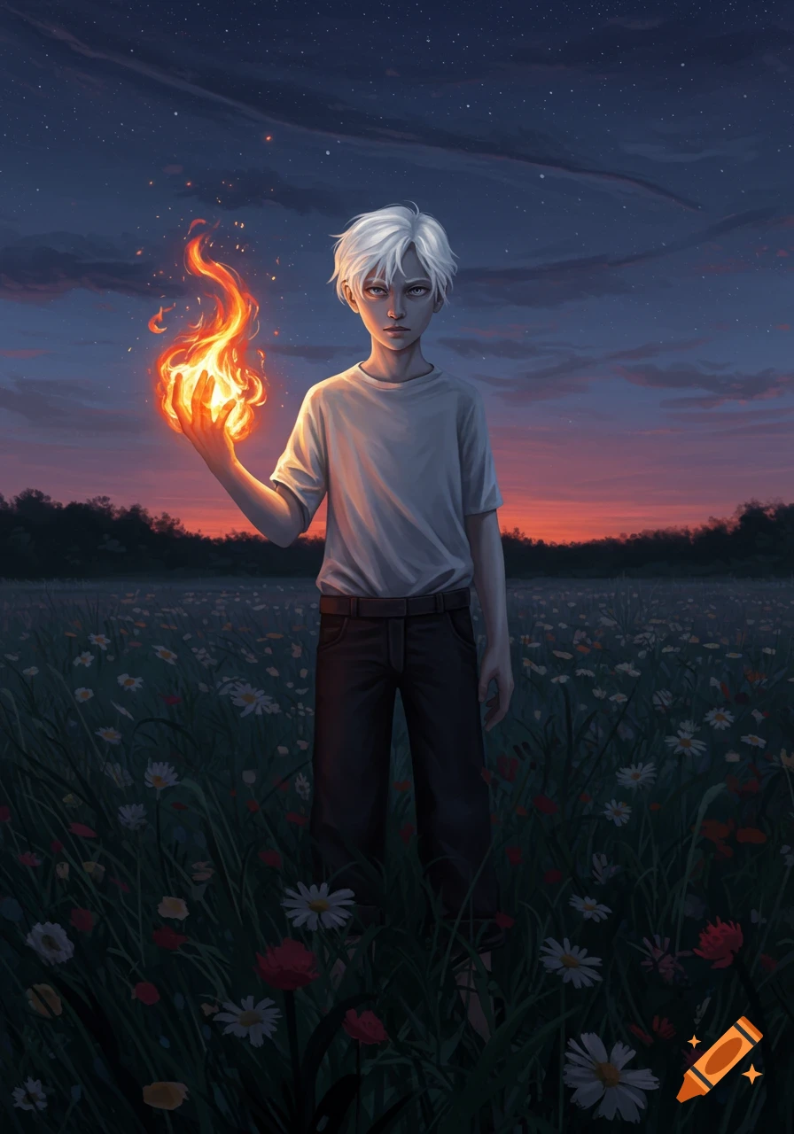 A white-haired boy stands in a field of wildflowers at sunset, holding a glowing ball of fire in his right hand.