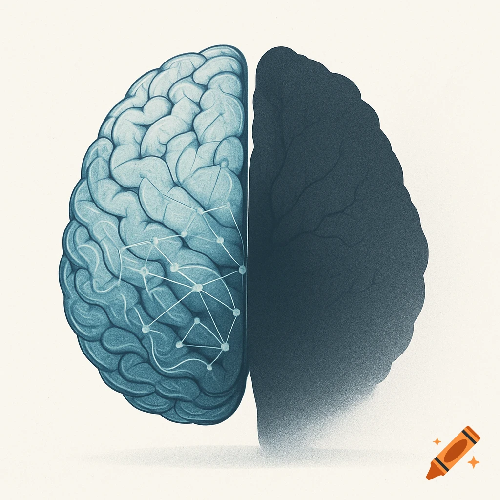 An illustration of a brain split in half. One half is detailed, blue-green with a neural network; the other is a dark silhouette.