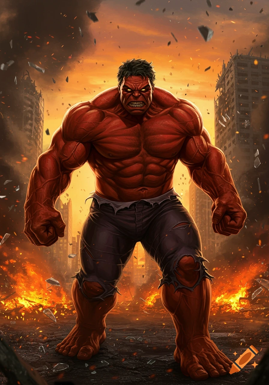 Muscular Red Hulk stands angrily in a destroyed, fiery city under an orange sky, comic book style.