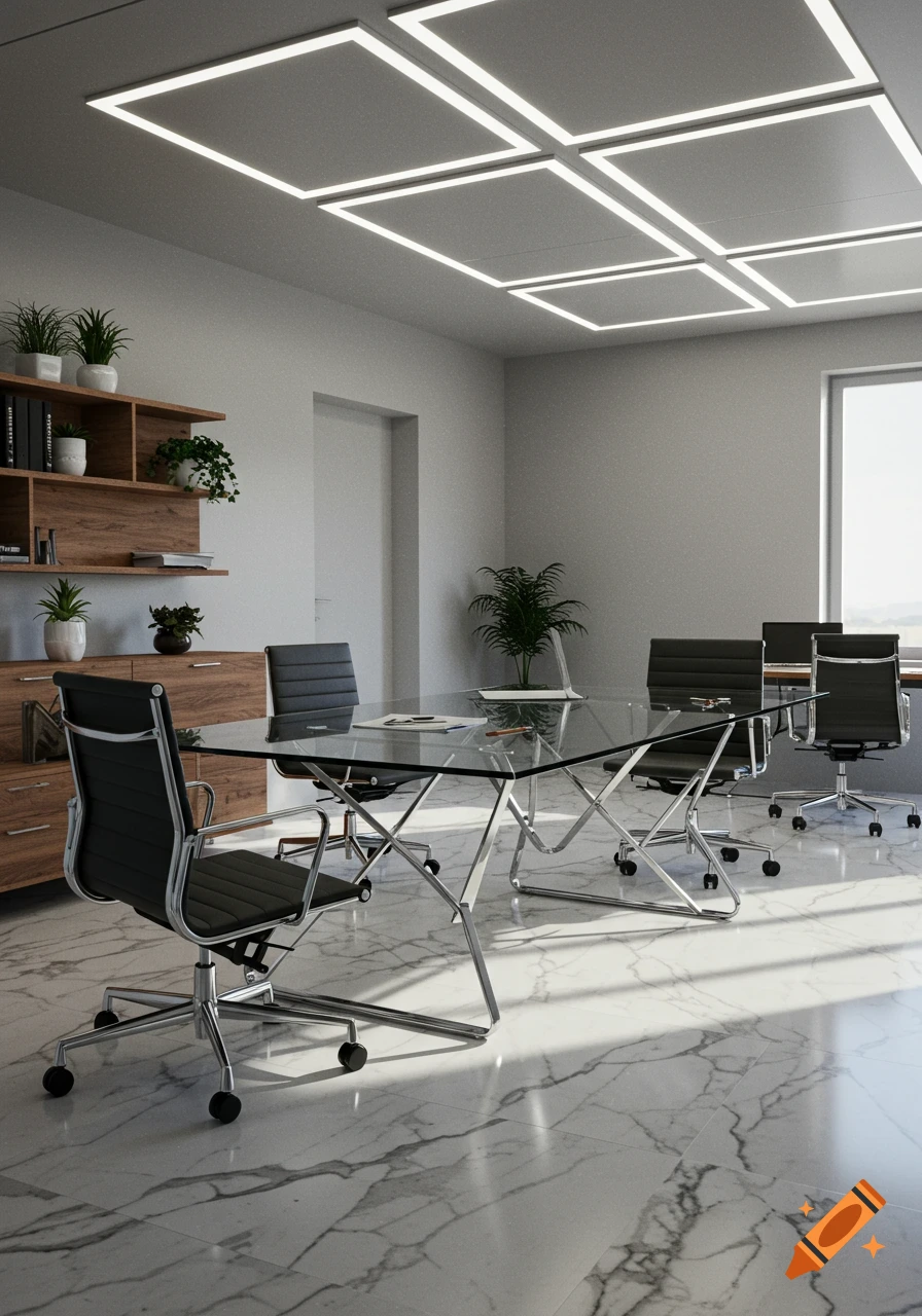 Modern office meeting room with a glass table, black chairs, wooden shelf with plants, and square LED ceiling lights.