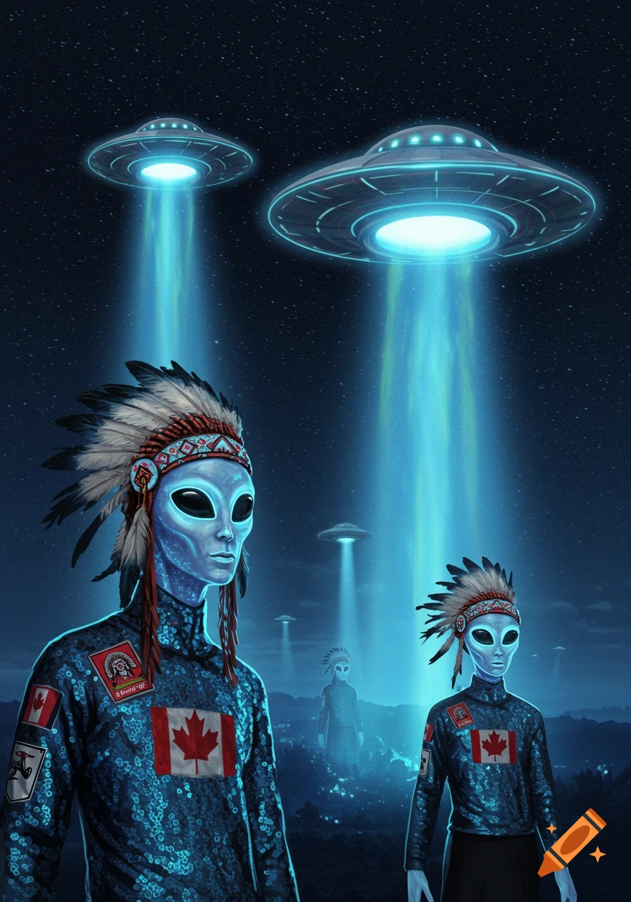 Blue-skinned aliens wearing Indigenous feather headbands and Canadian flag patches stand under UFOs beaming light down from a starry sky.