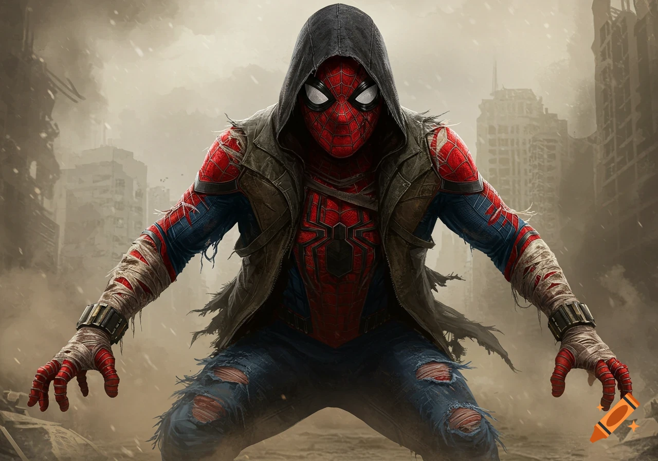 Gritty Spider-Man in a tattered red and blue suit, black hood, ripped jeans, and bandages stands in a ruined city.
