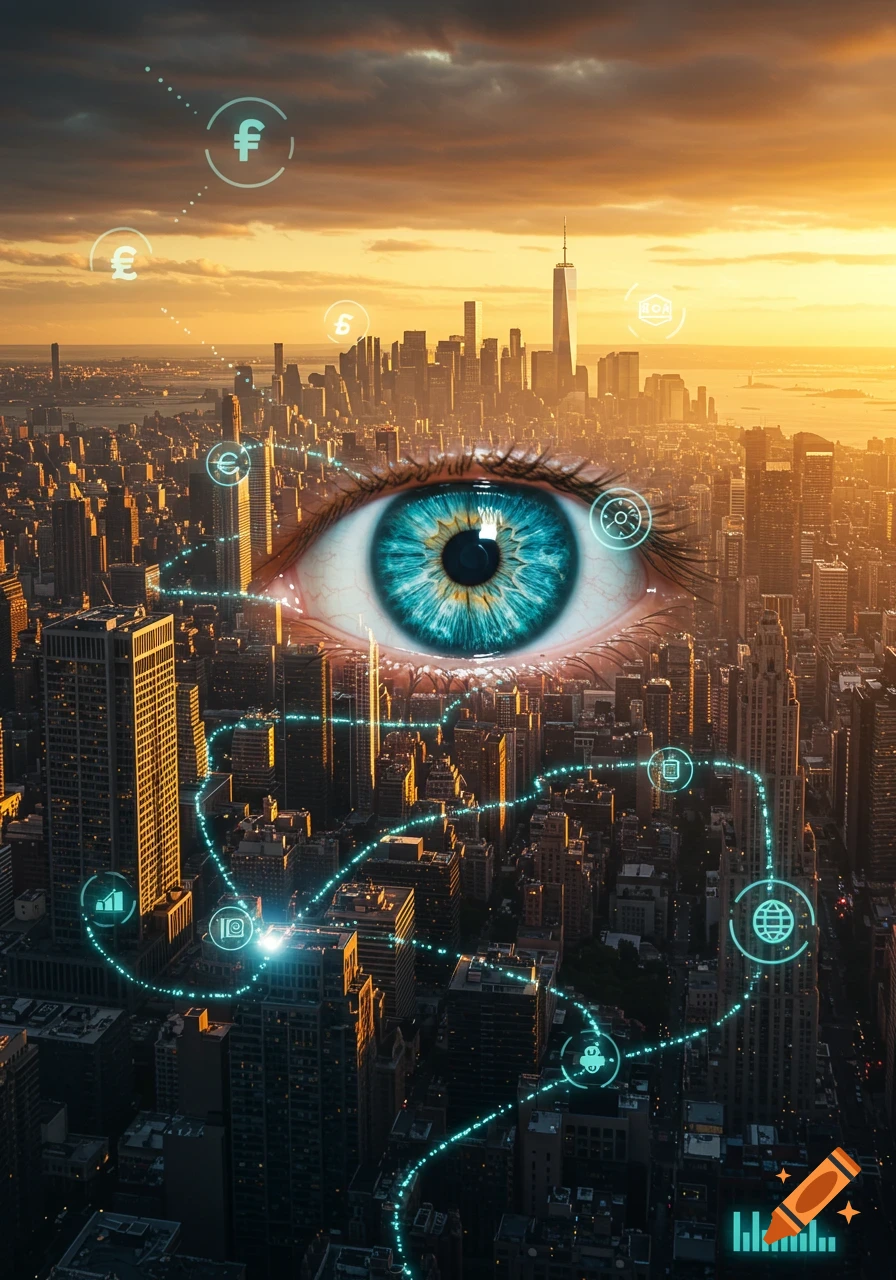 A giant glowing blue eye overlooks a bustling city skyline at sunset, with neon blue data lines connecting various financial and data icons floating above the buildings.