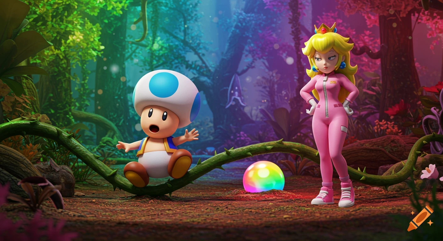 Toad sitting on a vine after tripping, next to a glowing rainbow pearl. Princess Peach in a pink jumpsuit stands bored in a vibrant rainbow forest.