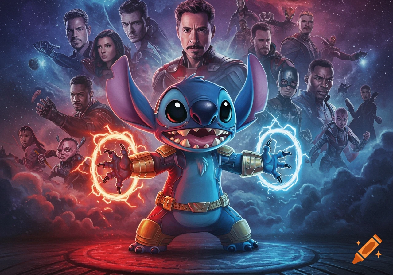 Stitch in armored suit with glowing energy circles stands before a lineup of Marvel superheroes in a cosmic, digital art style.
