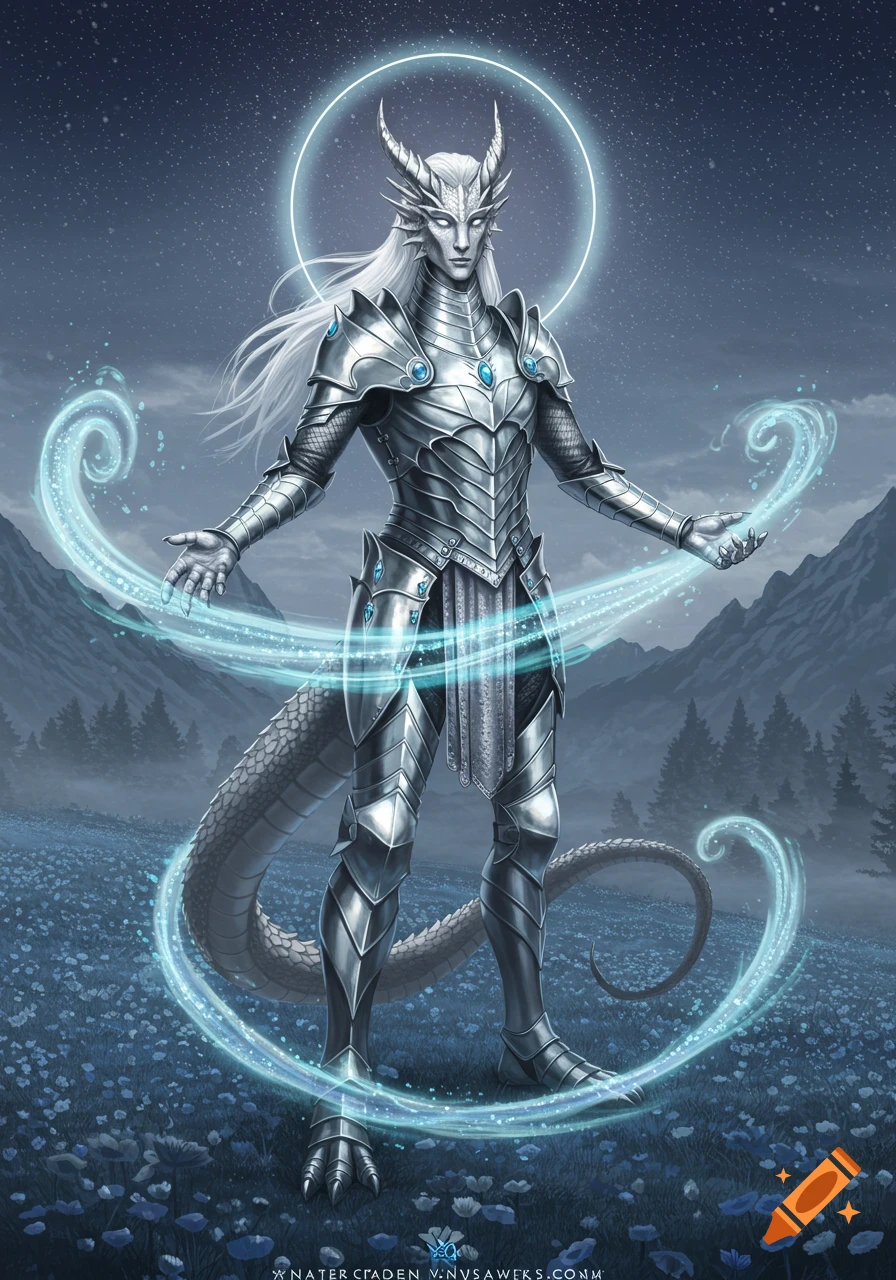 Silver humanoid dragon in ornate armor with glowing blue magic in a field of blue flowers under a starry night sky.