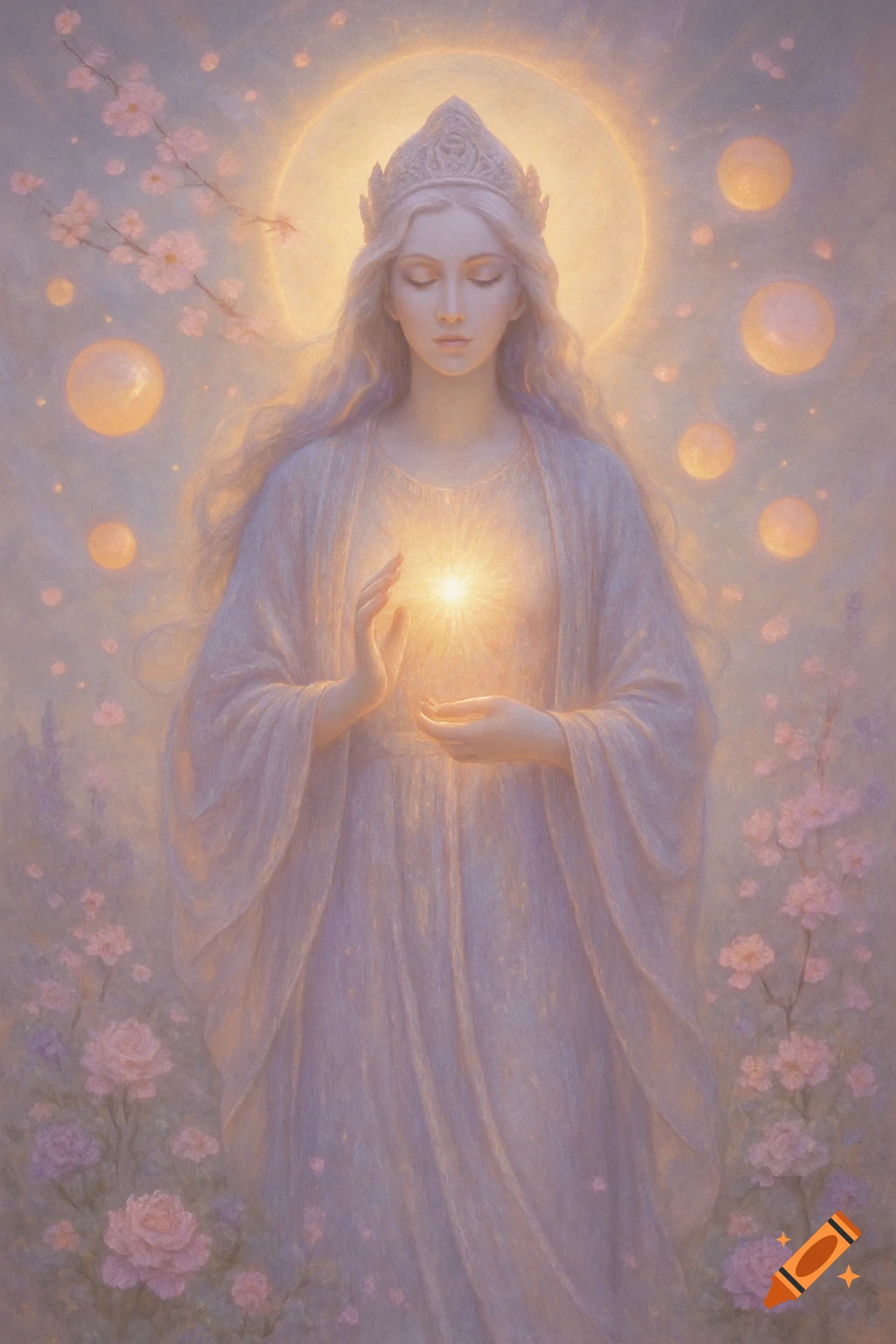 A serene woman in a crown and flowing gown holds a glowing light, surrounded by flowers and ethereal bubbles in a painterly style.