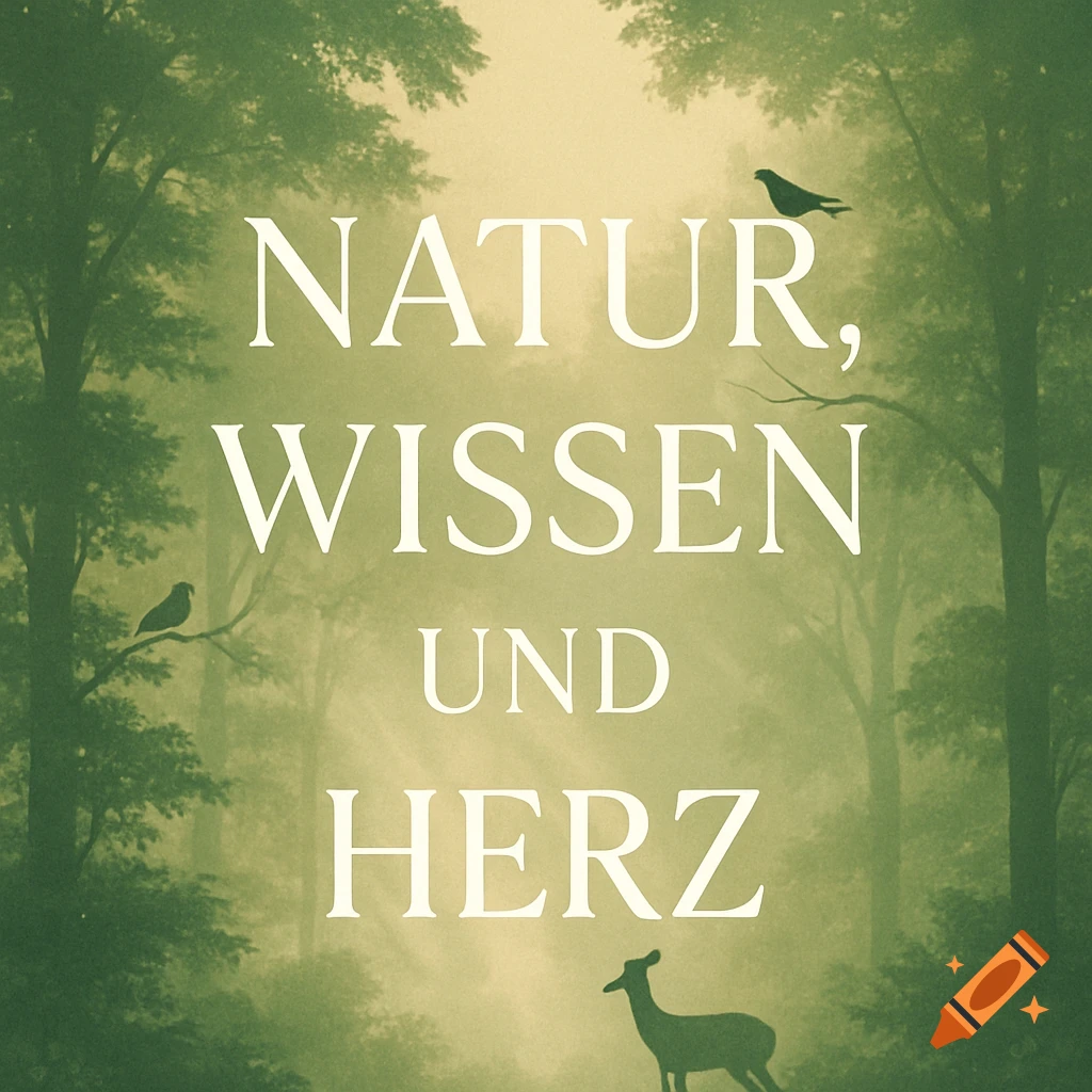 Stylized image of a misty green forest with the words 'NATUR, WISSEN UND HERZ' in white, a deer, and two birds.