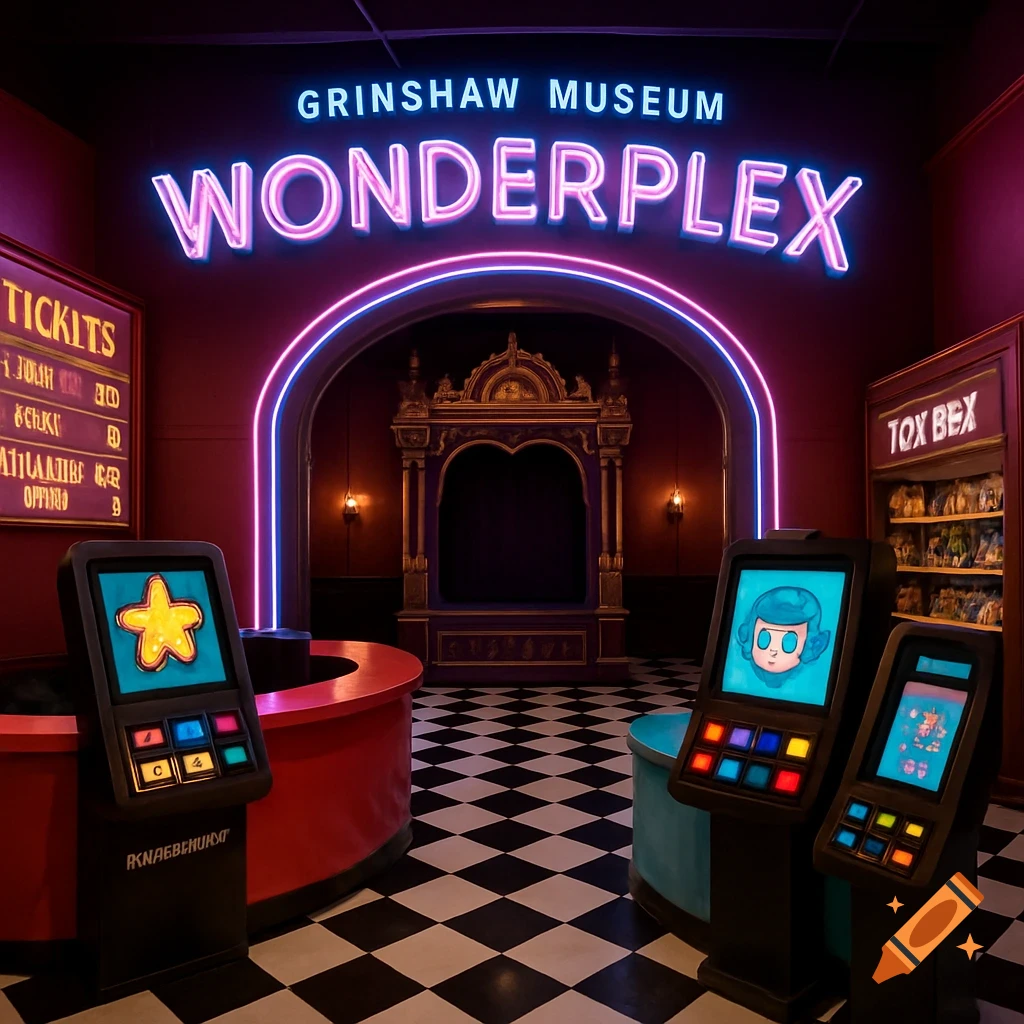 An entrance to the Grinshaw Museum Wonderplex with neon signs, a checkered floor, red and turquoise counters, and touchscreen kiosks with pixel art.
