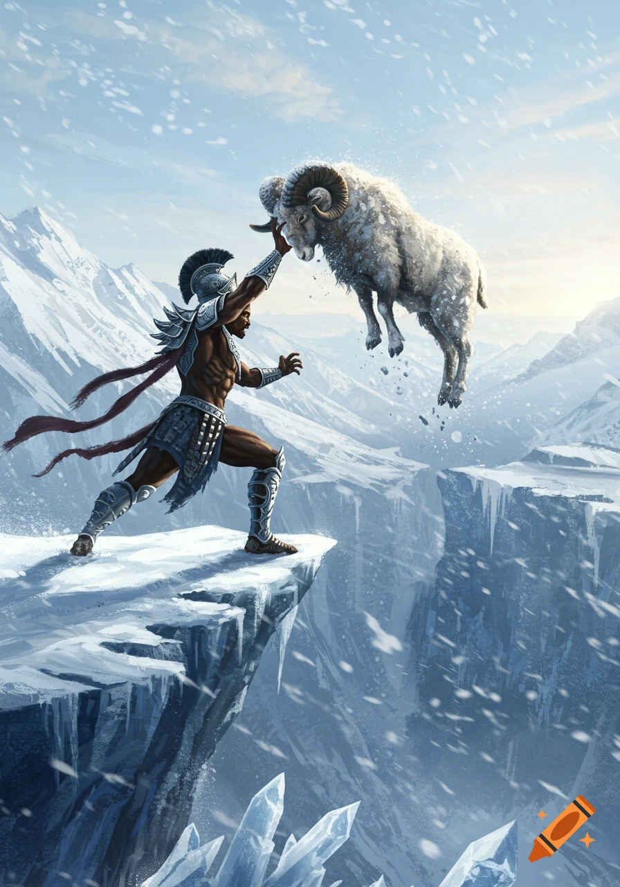 A muscular gladiator in armor lifts a ram over a snowy mountain cliff in a dramatic fantasy illustration.