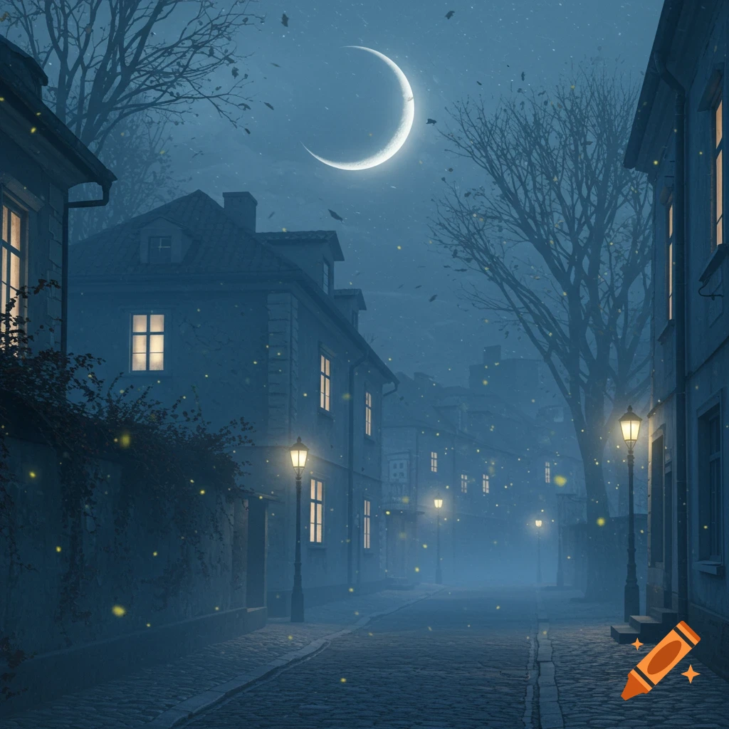Misty cobblestone street at night, lined with old buildings and glowing streetlights under a crescent moon.