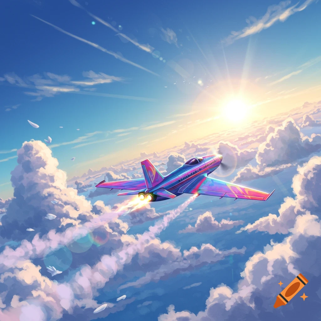 A vibrant, animated plane with a propeller and jet engines flies over fluffy clouds under a bright sun in a blue sky.
