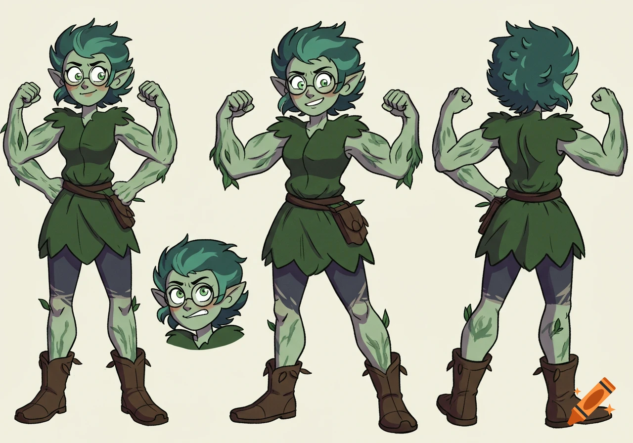 Cartoon model sheet of Willow from The Owl House, showing her muscular, leaf-patterned body in front, back, and close-up expression.