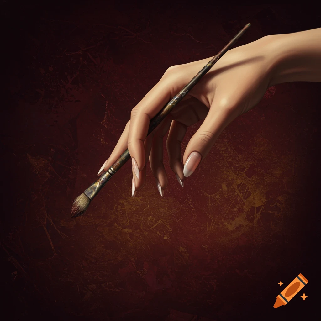 A female hand with long, pointed French-tipped nails holds a worn art brush against a dark red textured background.