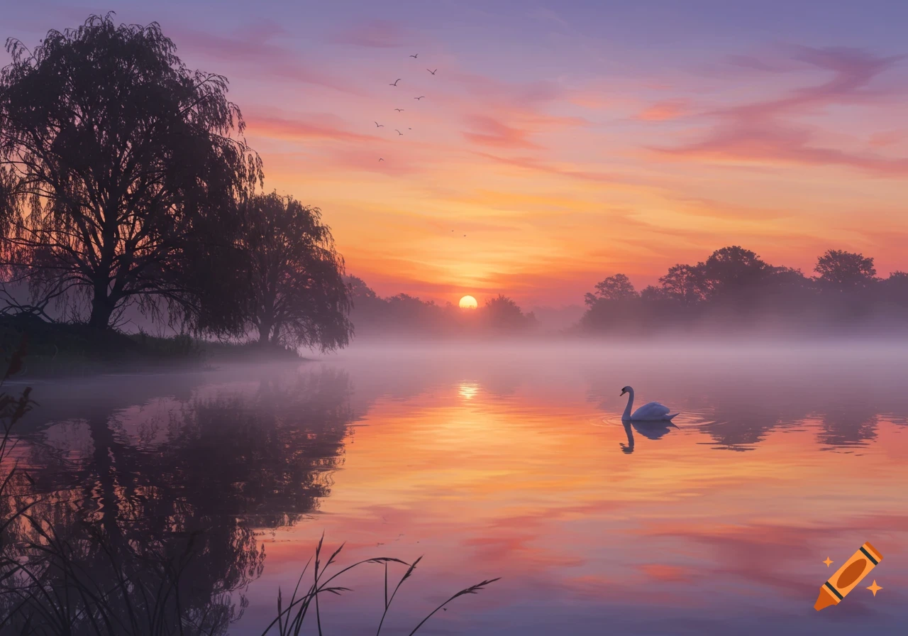 A lone swan glides on a misty lake at dawn, with silhouetted trees against a vibrant orange and purple sky.