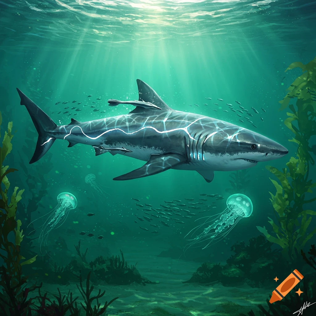 A large glowing shark swims underwater with jellyfish and schools of fish, light rays from the surface in an illustrated style.