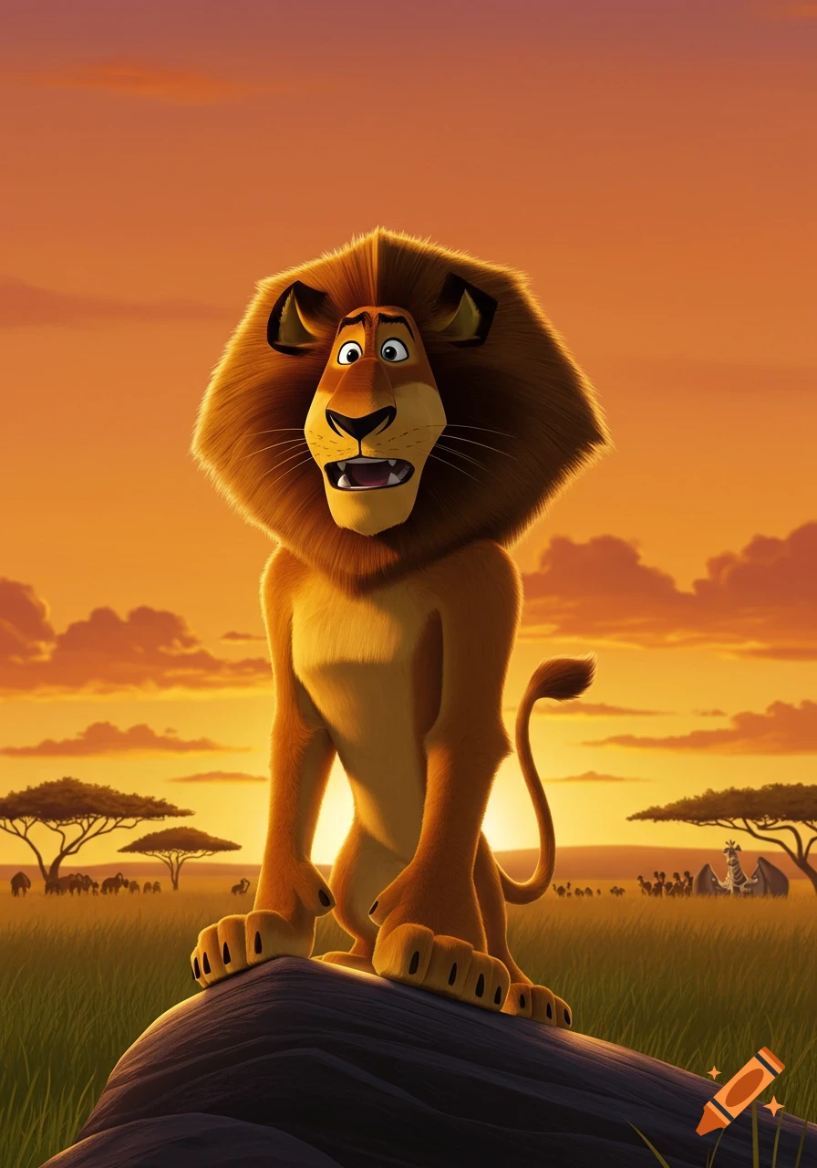 Alex the Lion from Madagascar stands on a rock in a savanna at sunset, looking surprised.