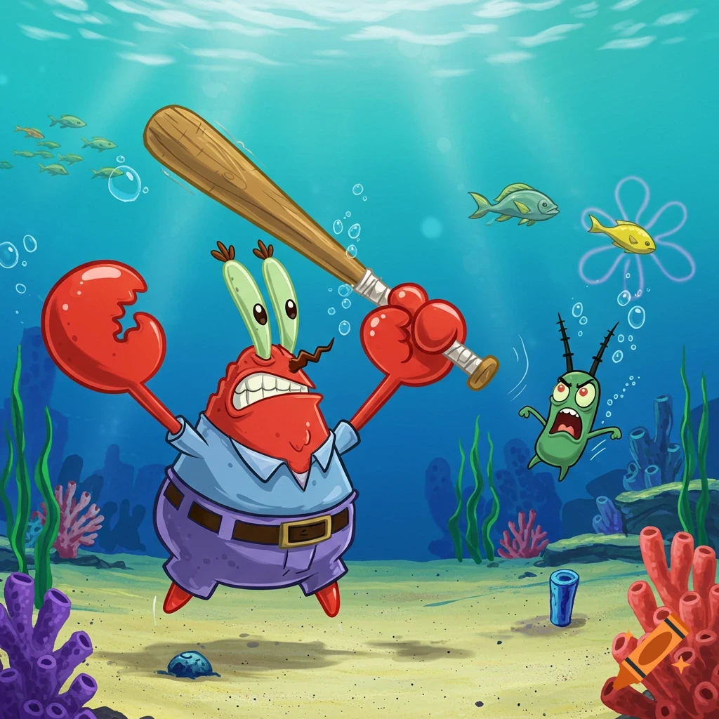 An angry Mr. Krabs holds a baseball bat while a scared Plankton runs away in an underwater scene with fish and coral.