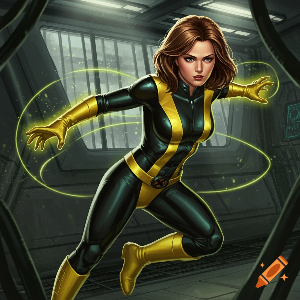 A female superhero in a black and yellow suit with glowing energy around her hands in a futuristic setting, comic art style.